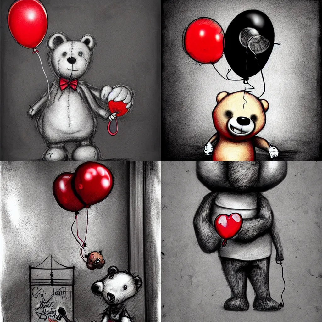 Prompt: surrealism grunge cartoon sketch of a teddy bear with a wide smile holding a red balloon by - michael karcz, loony toons style, creepy themed, horror themed, detailed, elegant, intricate