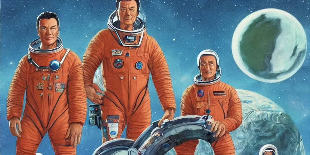 Prompt: a portrait of stallone and van damm and takeshi kitano pilots in spacesuit on field forrest spaceship station landing laying lake artillery outer worlds in FANTASTIC PLANET La planète sauvage animation by René Laloux