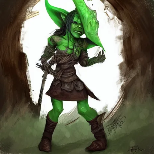 Prompt: cute tiny orc girl with green skin wearing hunter armor from Bloodborne and a wizard hat, d&d, art by Zone