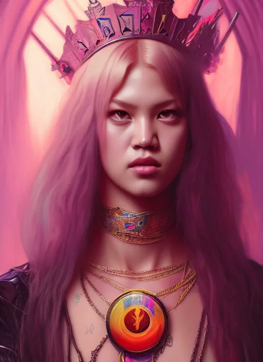 Image similar to jossi of blackpink, queen, tarot card, highly detailed, digital painting, smooth, sharp focus, illustration, ultra realistic, unreal engine, 8 k, art by simon bisley and greg rutkowski and alphonse mucha