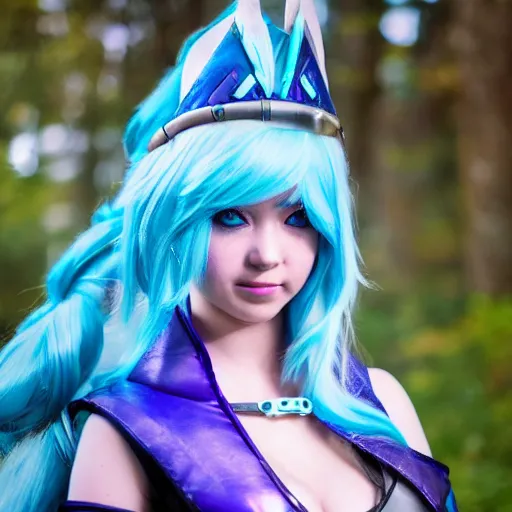 Image similar to photograph of a girl cosplaying Crystal Maiden from Dota 2, HD, award winning photography, uploaded on Facebook, highly detailed