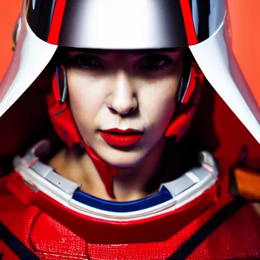 Image similar to headshot of a athletic female soldier in glossy sleek white armor with tiny red details and a long red cape, heroic posture, determined expression, shouting, on the surface of mars, night time, dramatic lighting, cinematic, sci-fi, hyperrealistic