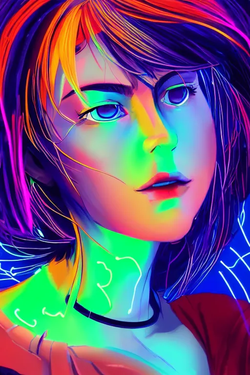 Image similar to a award winning portrait of a beautiful woman with stunning eyes in a one off shoulder croptop and cargo pants with rainbow colored hair, outlined by whirling illuminated neon lines and fine lines swirling in circles by makoto shinkai, digital art, trending on artstation