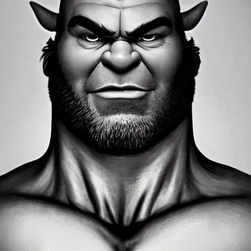 Image similar to muscular shrek with beard, black and white, highly detailed, digital painting, artstation, concept art, smooth, sharp focus, illustration, art by artgerm and greg rutkowski and alphonse mucha