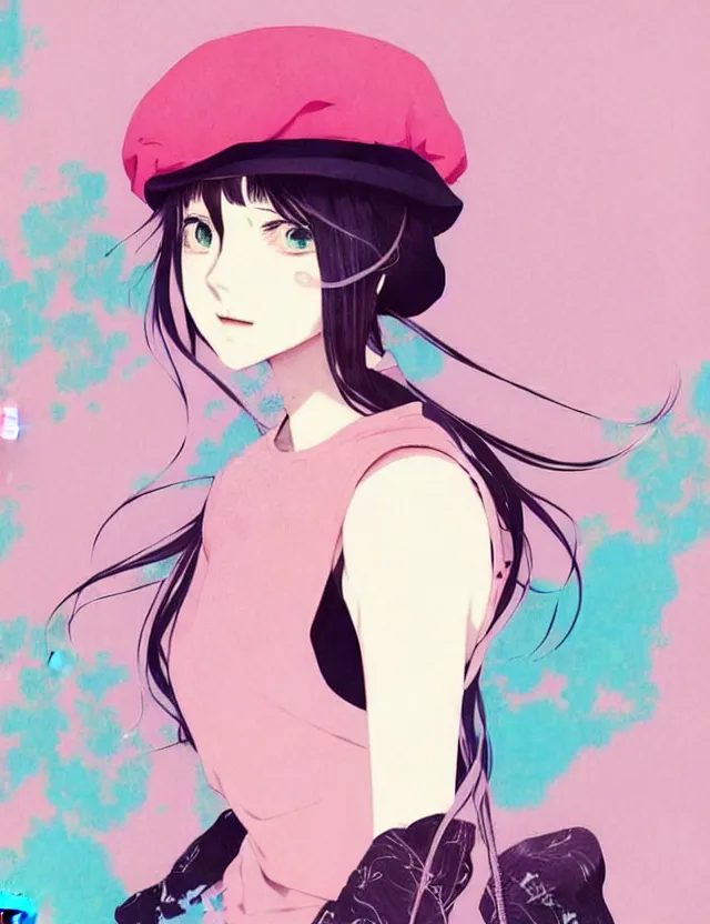 Prompt: singular girl wearing a beret, very anime!!! anime!! intricate details, aesthetically pleasing pastel colors, cool shaded poster background, art by conrad roset and ilya kuvshinov