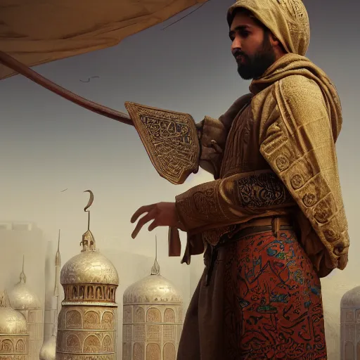 Image similar to islam, masterpiece, highly detailed, high quality, 4 k, anatomically correct, hyperrealistic, concept art, octane render, unreal engine 5, trending on artstation, trending on deviantart, matte, historical painting, fantasy style, path traced, high coherence, soft lighting, digital painting, mythical