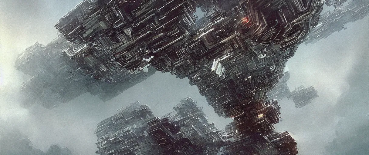 Prompt: concept art, a single huge mothership, a ship traveling to new worlds, deep space exploration, the expanse tv series, industrial design, dynamic angle, motion, spatial phenomena, cinematic lighting, 4k, greebles, widescreen, wide angle, beksinski, sharp and blocky shapes