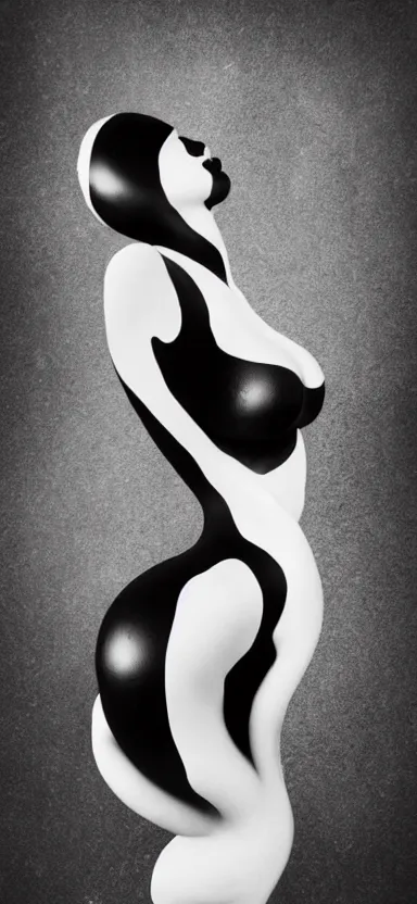 Prompt: perfect female body silhouette, liquid sculpture, astral clockwork, abstract shapes, photorealism, beautiful portrait, white and black latex mixture, black ink, body acts photography, abstract art, concept art, matte painting, elegant