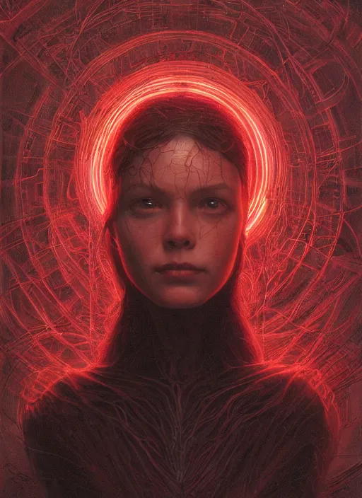 Prompt: Portrait Masterpiece, Wanda Maximoff, red, glowing, wires everywhere, by Edgar Maxence and Ross Tran, Zdzisław Beksiński, and Michael Whelan, distant, gustav dore, H.R. Giger, 8k, octane render