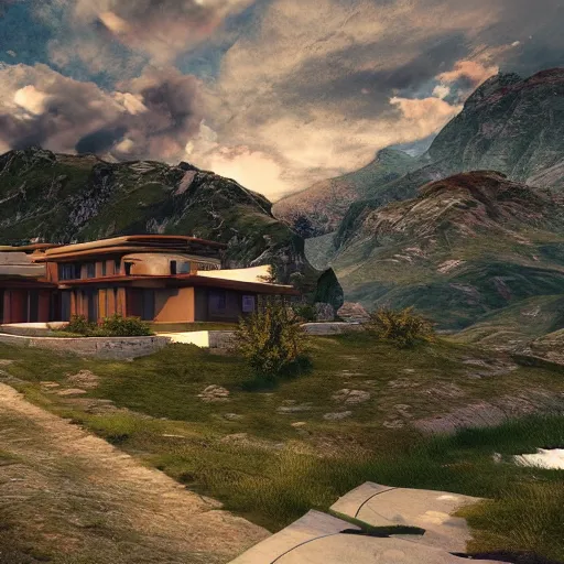 Prompt: alpine landscape with windy road and modern houses designed by frank lloyd wright scattered on the mountainsides, photo realism, dramatic lighting, from a dream, high quality digital art, unreal engine