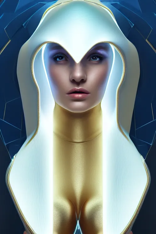 Image similar to detailed portrait glam cyber noun, attractive feminine curves, intricate, scifi, futuristic, elegant cape, elegant, alien room background, white, blue, gold, photorealism, trending on artstation, holy halo, advanced technology, art by moebius and vitaly bulgarov and chanthara