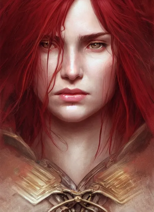 Prompt: portrait of a ruggedly handsome female cleric, soft hair, close - up face, leather, witchy, d & d, fantasy, intricate, elegant, highly detailed, digital painting, artstation, concept art, smooth, sharp focus, illustration, art by artgerm and greg rutkowski and alphonse mucha, plain red background