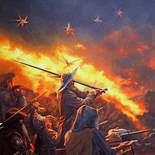 Prompt: gandalf firing a shotgun in battle, oil painting, war photo, anger, fire, dramatic, very detailed, 4k, by Jeffrey Smith and Erin Hanson and Chad Knight