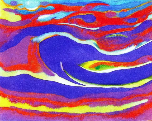 Image similar to Ocean waves in a psychedelic dream world. DMT. Curving rivers. Emil Nolde. Minimalist.