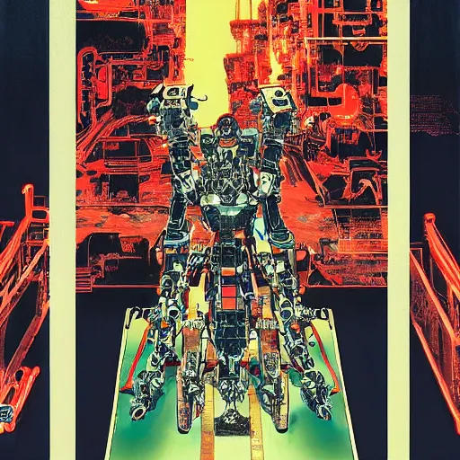 Image similar to a fullmetal wired neon robot crosses the tori gates between reality and simulation, hanafuda oil on canvas by ivan shishkin, james jean and yoji shinkawa