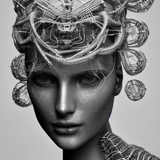 Image similar to closeup portrait of an absurdly beautiful, graceful, sophisticated, fashionable cyberpunk mechanoid gravure idol, an ultrafine hyperdetailed illustration by irakli nadar, matt wisniewski style, fashion photography, intricate linework, porcelain skin, jellyfish headdress, unreal engine 5 highly rendered, global illumination, radiant light, detailed and intricate environment