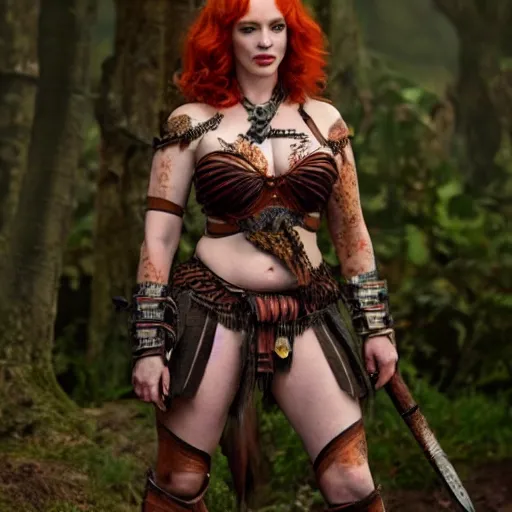 Prompt: full body photo of christina hendricks as a amazon warrior,