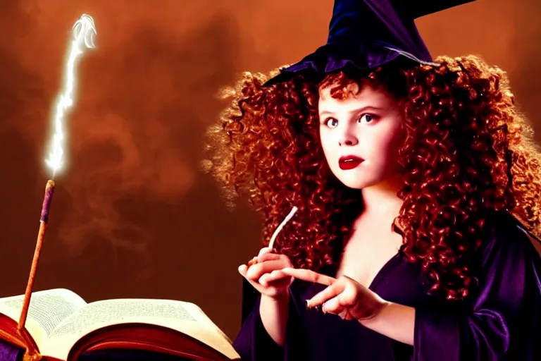 Image similar to hclose up portrait, dramatic lighting, teen witch calmly pointing a magic wand casting a spell over a large open book on a table with, curly hair, cat on the table in front of her, sage smoke, a witch hat cloak, apothecary shelves in the background, still from the movie hook