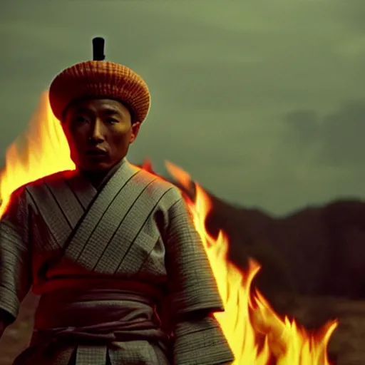 Image similar to cinematic film still Pharrell Williams starring as a Samurai holding fire, Japanese CGI, VFX, 2003, 40mm lens, shallow depth of field,film photography