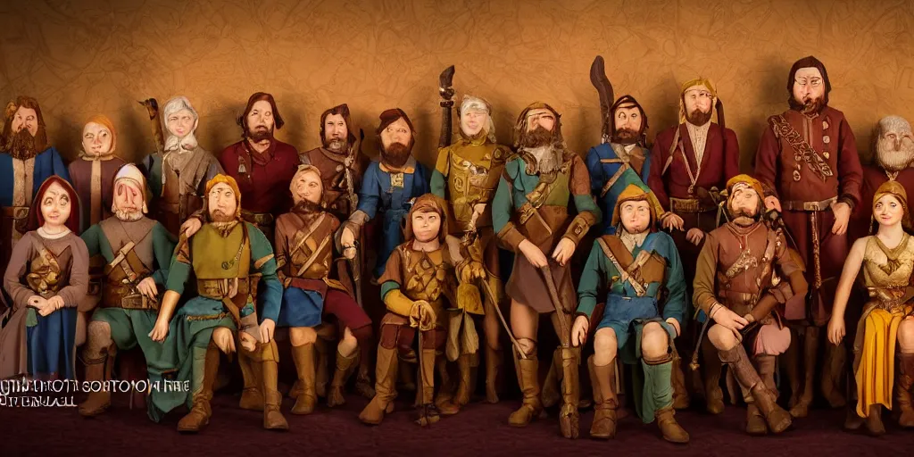 Prompt: High Fantasy Adventurers Group Portrait directed by Wes Anderson, Chest high, RPG portrait, Regal, Formal, Symmetrical, dynamic lighting, Highly Detailed, Cinematic Lighting, 8k, HD