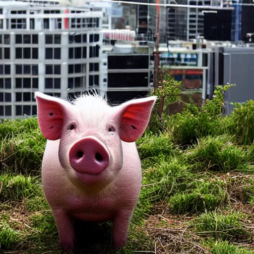 Prompt: a pig covered in grassy weeds, on top of a building in Chippendale, Sydney
