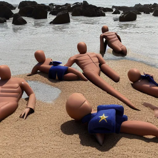 Image similar to plastic mannequins drowning in quicksand on epstein island, highly detailed facial expressions