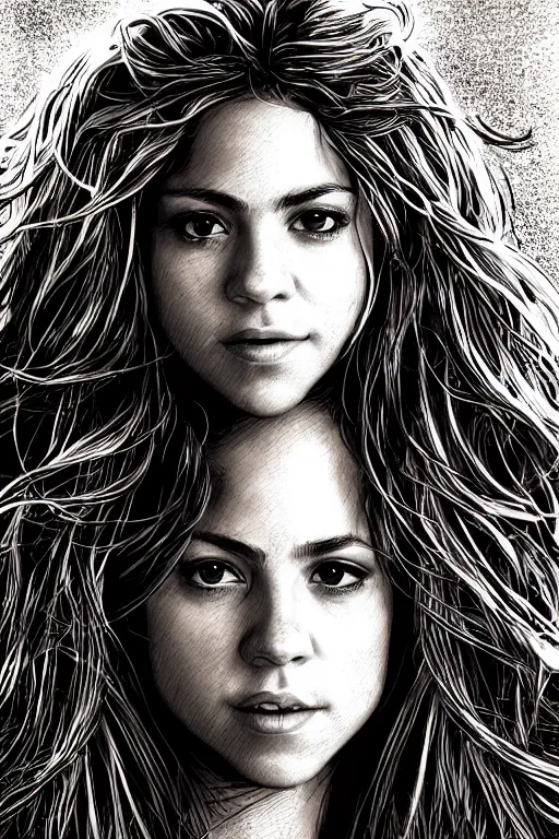 Prompt: closeup portrait of sexy shakira with long hair, drawn by rembrandt and dan mumford, poster, digital art, comic art, concept art,, single head, no double head,