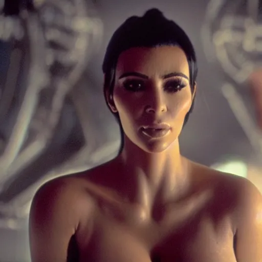 Image similar to film still of kim kardashian in the movie Alien, alien spider mounted to her face as she tries to resist, spider webbed body, scary cinematic wide shot, full body pov, 4k.