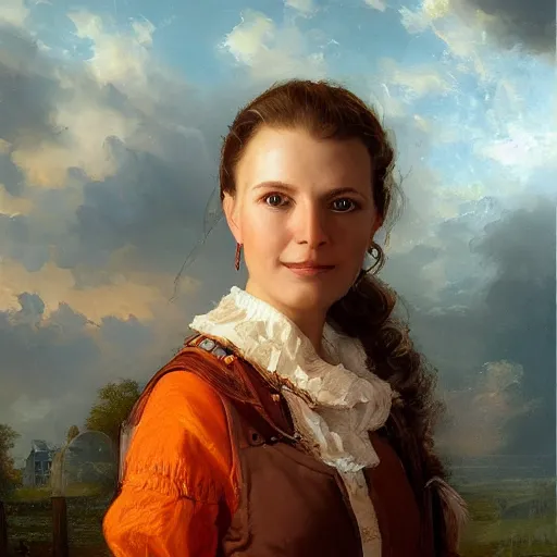 Image similar to portrait of an dutch woman ( 3 5 ) from holland in 2 0 2 1, an oil painting by ross tran and thomas kincade