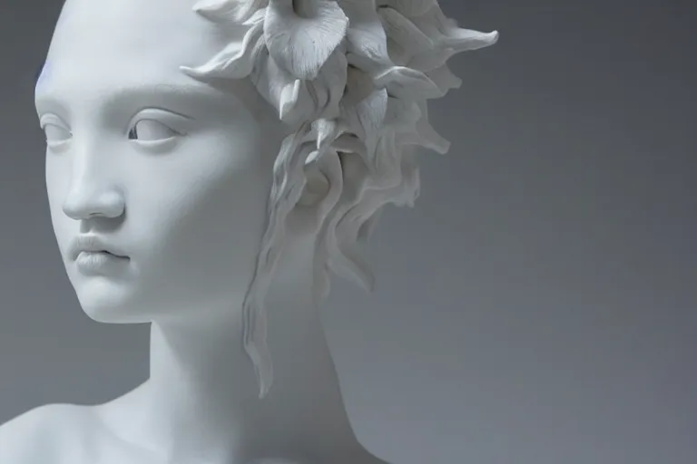 Image similar to full head and shoulders, beautiful female porcelain sculpture by daniel arsham and james jean, smooth, all white features on a white background, delicate facial features, white eyes, white lashes, detailed white, lots of 3 d giant twisting flower hair