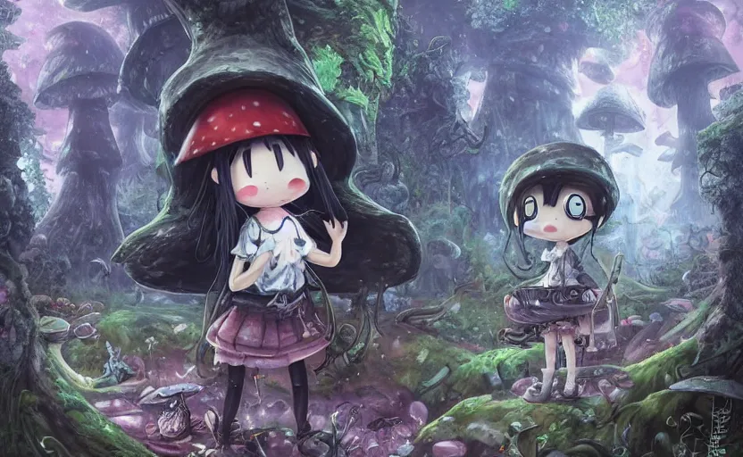 Image similar to cute little girl with an long black hair wearing an mushroom hat in the dark forest next to a sinister monster, cute artwork, clean detailed art, inspired by made in abyss, detailed background, fantastic world, spectacular quality