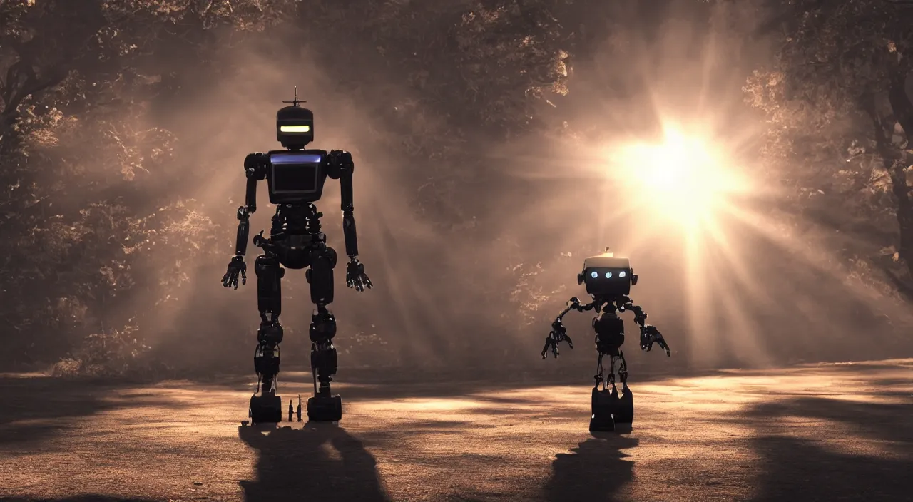 Image similar to a robot in a movie, cinematic shot, sun beams