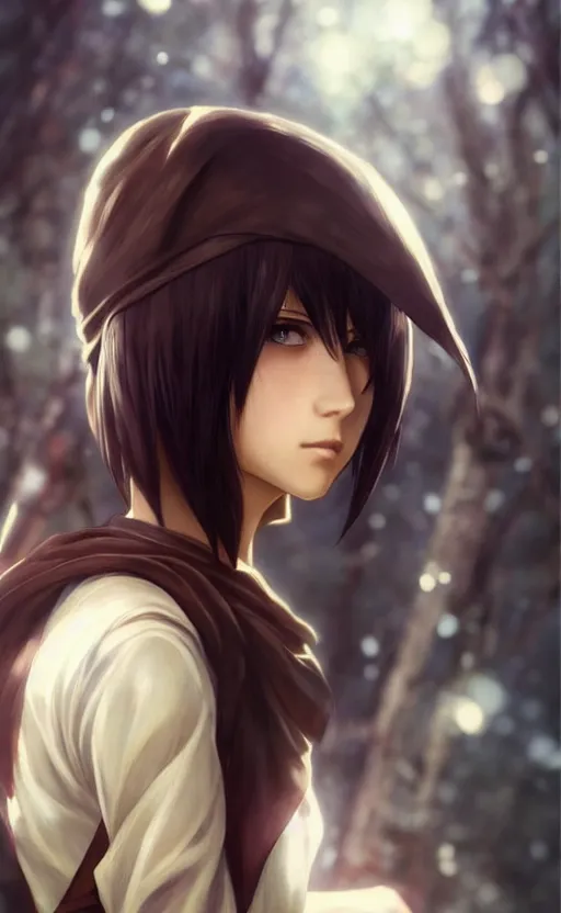 Image similar to mikasa ackerman, hero pose, medium shot, bokeh, beautiful face!!!!, 2 7 years old, cg animation, lifelike, animated, realistic, character select portrait, by artgerm, greg rutkowski, alphonse mucha, 3 d