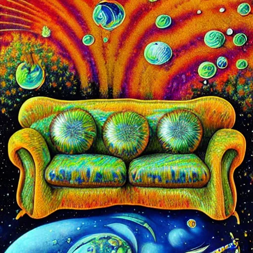 Image similar to psychedelic couch sofa in the lush forest, milky way, designed by moebius, rob gonsalves, gustav dore, giuseppe arcimboldo and carl barks, louis wain, trending on artstation, mediterranean, star, sharp focus, colorful refracted sparkles and lines, soft light, 8 k 4 k