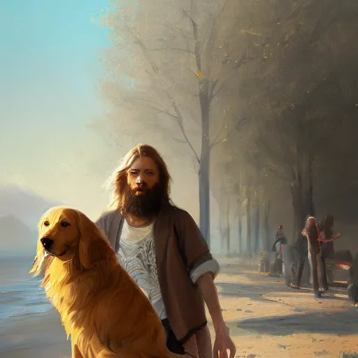 Image similar to oil painting of a young man with long hair blond and a beard hippie style painting on a golden retriever, people watching around, by greg rutkowski, artstation