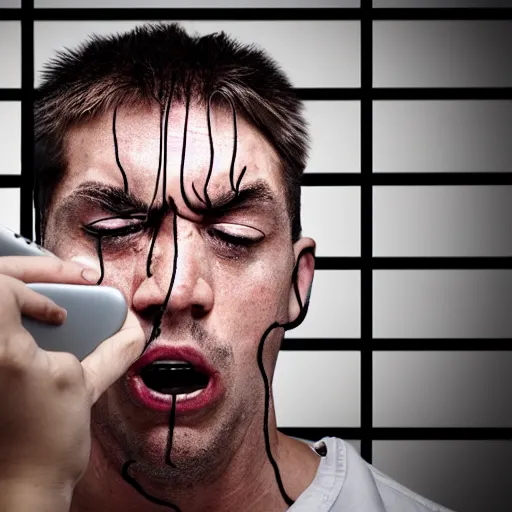 Image similar to angry prisoner alone in his cell setting up a video call using an ipad, photorealistic, frustrated expression, dark