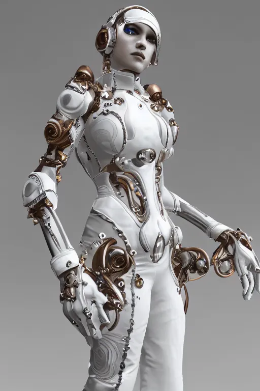 Image similar to white cyborg fashion shot, copper spiral decorations, white elegant baroque design, smooth heads, headshot half figure, photorealistic, 8k, hyper detailed, unreal engine, trending on artstation,