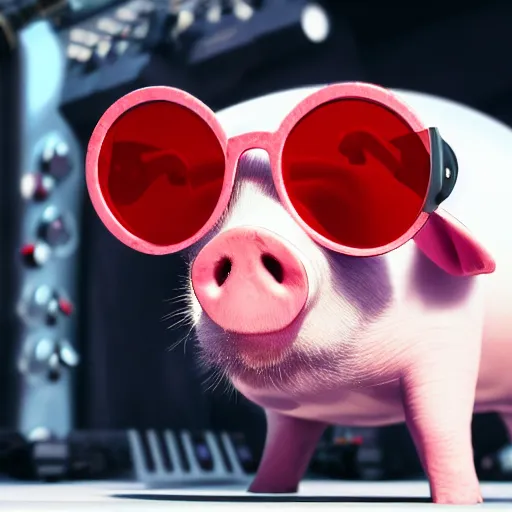 Prompt: a closeup photorealistic photograph of a stylish Pig themed music DJ wearing round red sunglasses. speakers in the background. This 4K HD image is Trending on Artstation, featured on Behance, well-rendered, extra crisp, features intricate detail and the style of Unreal Engine.