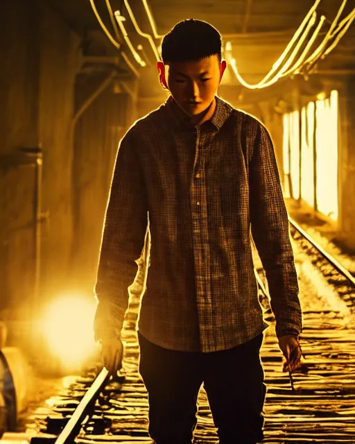 Image similar to justin sun tied with rope to train tracks, beautiful cinematic lighting, epic composition, train headlight