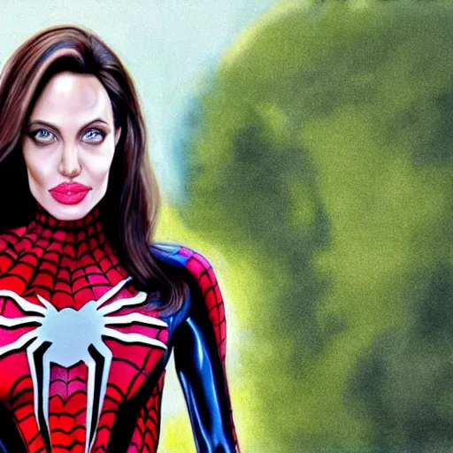 Prompt: hyperrealism portrait angelina jolie dressed as spiderman in a park