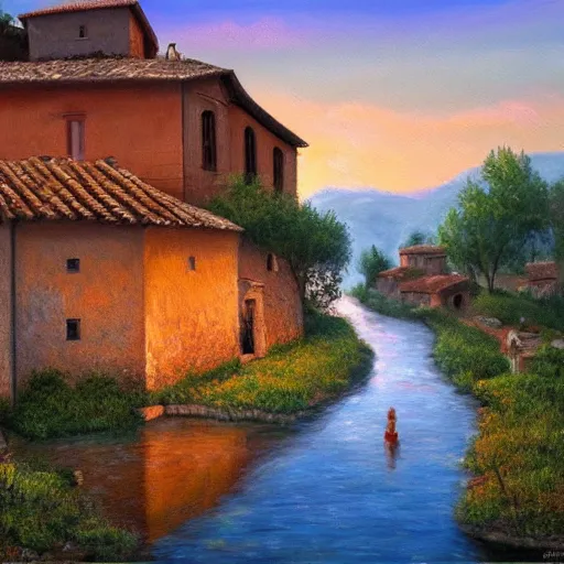 Prompt: High-Quality realist painting of a river crossing a traditional Italian village at dawn, peaceful, very detailed, digital art.