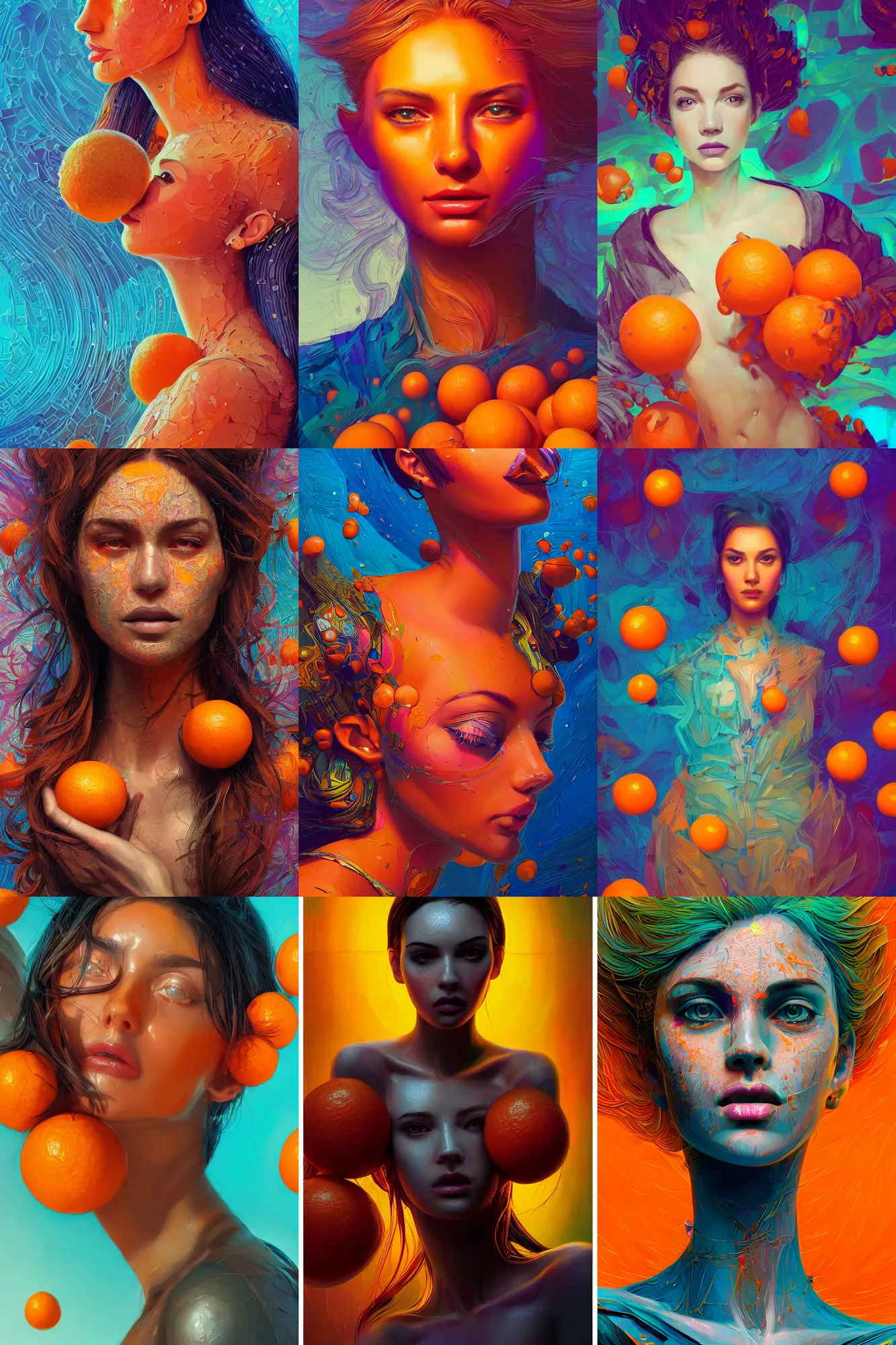 Prompt: abstract, portrait of a beautiful woman with oranges, detailed illustration, digital art, overdetailed art, concept art, highly saturated colors, detailed illustration, hd, 4 k, digital art, cgsociety and beeple highly detailed, cinematic lighting, illustration, art, very coherent. high detail, dan mumford, greg, rutkowski, trending on artstation