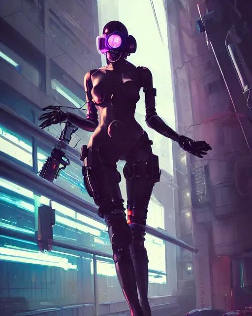 Prompt: lady assassin wearing cyberpunk clothing, respirator, cybernetic legs, detailed portrait, 4 k, vivid colours, concept art by wlop, ilya kuvshinov, artgerm, krenz cushart, greg rutkowski, pixiv. cinematic dramatic atmosphere, sharp focus, volumetric lighting, cinematic lighting, studio quality