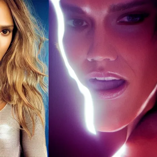 Prompt: model face photo of jessica alba as super saiyan powering up long hair by annie leibovitz