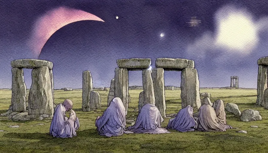 Image similar to a realistic and atmospheric watercolour fantasy concept art of a shiny metallic ufo floating above a large stonehenge. medieval monk in grey robes on his knees praying. a crescent moon in the sky. muted colors. by rebecca guay, michael kaluta, charles vess and jean moebius giraud