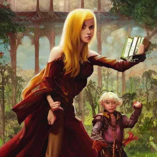 Image similar to an epic fantasy comic book style painting of a young red headed girl with a book in one arm meeting a young boy thief with blonde wearing plain brown leather thief clothes, d & d, fantasy, intricate, elegant, highly detailed, digital painting, artstation, concept art, matte, sharp focus, illustration, art by artgerm and greg rutkowski and alphonse mucha