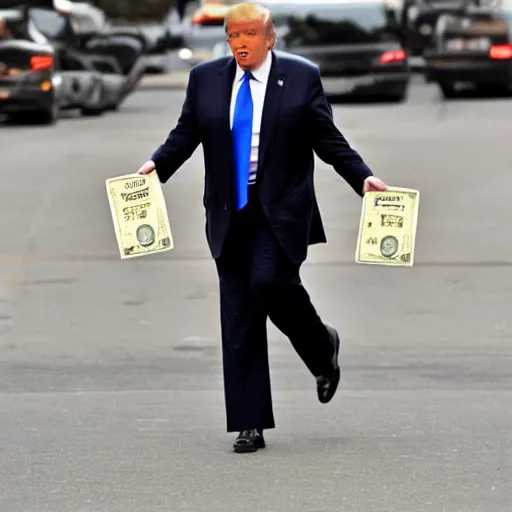 Prompt: donald trump holding bags of money, running from the police