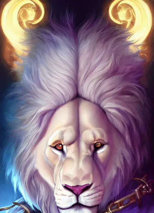 Image similar to aesthetic portrait commission of a of a male fully furry muscular anthro albino lion wearing attractive gay leather harness with a tail and a beautiful attractive hyperdetailed face at golden hour, safe for work (SFW). Character design by charlie bowater, ross tran, artgerm, and makoto shinkai, detailed, inked, western comic book art, 2021 award winning film poster painting