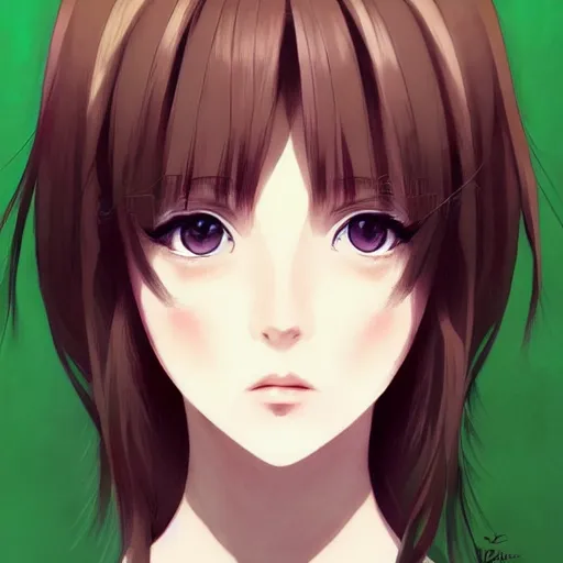 Image similar to a portrait of a pretty anime girl, brown hair, green eyes, by Ilya Kuvshinov