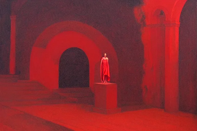 Image similar to only with red, a red melted emperor, taormina amphitheatre, crowd hails him, in the style of beksinski, parts by edward hopper, parts by rodcenko, parts by yue minjun, intricate and epic composition, red by caravaggio, insanely quality, highly detailed, masterpiece, red light, artstation, 4 k